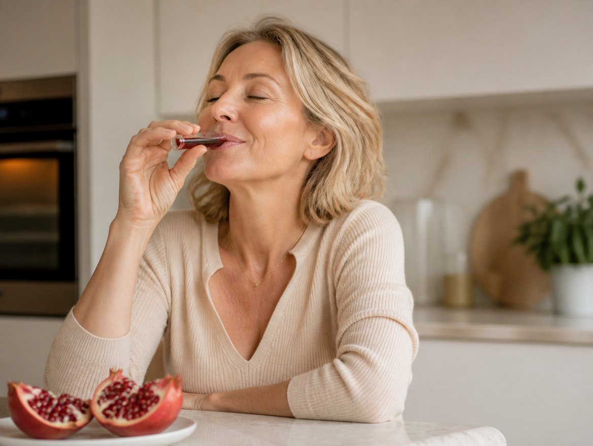 Femme qui savoure son Beauty Shot dans la cuisine