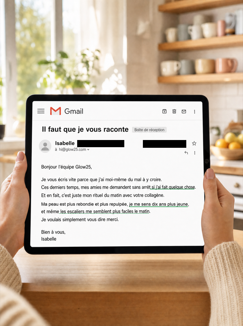 Main d'une femme d'une cinquantaine d'années tenant un iPad avec le message d'Isabelle à l'écran